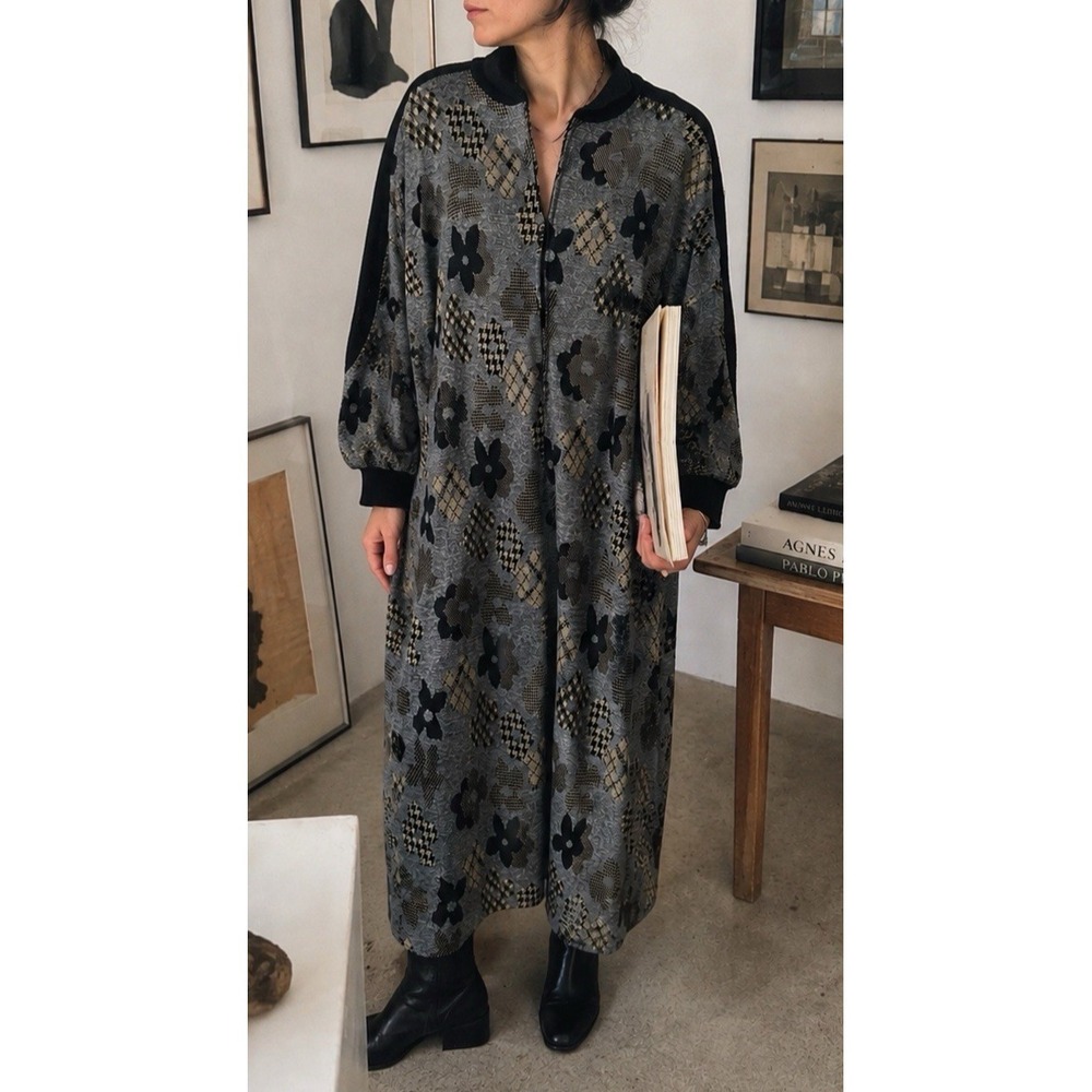 Vintage David Brown California Metallic Gray Black Gold Half Zip Sweater Dress M